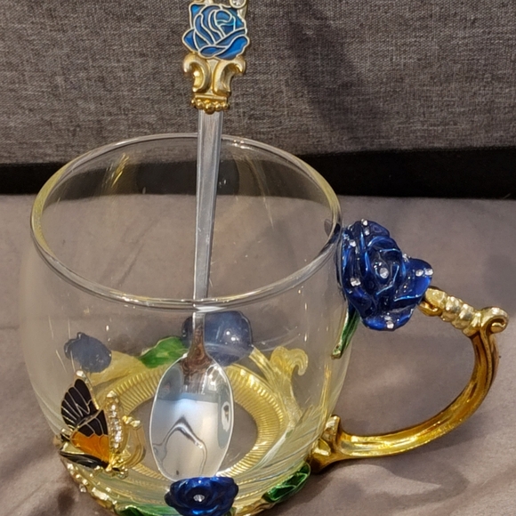 Vintage NEW Decorative Glass Mug & Spoon Set - Picture 2 of 10